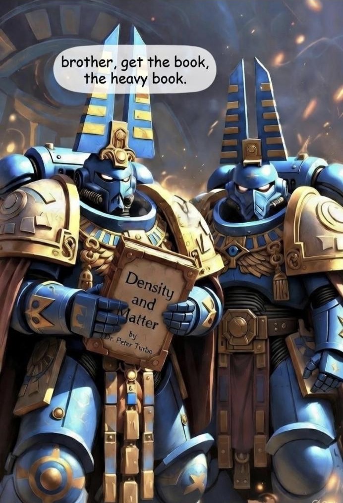 Two blue-and-gold Thousand Sons marines: one holds a book titled Density and Matter, a speech bubble reading brother, get the book, the heavy book.