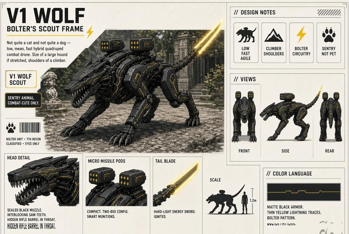 V1 Wolf · Scout frame · First out · Sentry, not pet